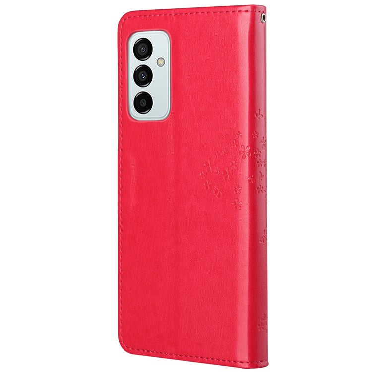 For Samsung Galaxy M23 5G/F23 5G PU Leather Imprinted Owl Tree Pattern Case Folding Stand Wallet Flip Cover with Strap - Red