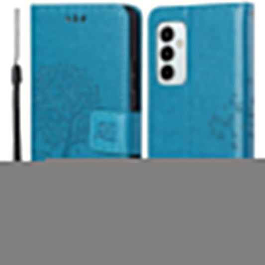 For Samsung Galaxy M23 5G/F23 5G3 PU Leather Imprinted Owl Tree Pattern Case Folding Stand Wallet Flip Cover with Strap - Blue