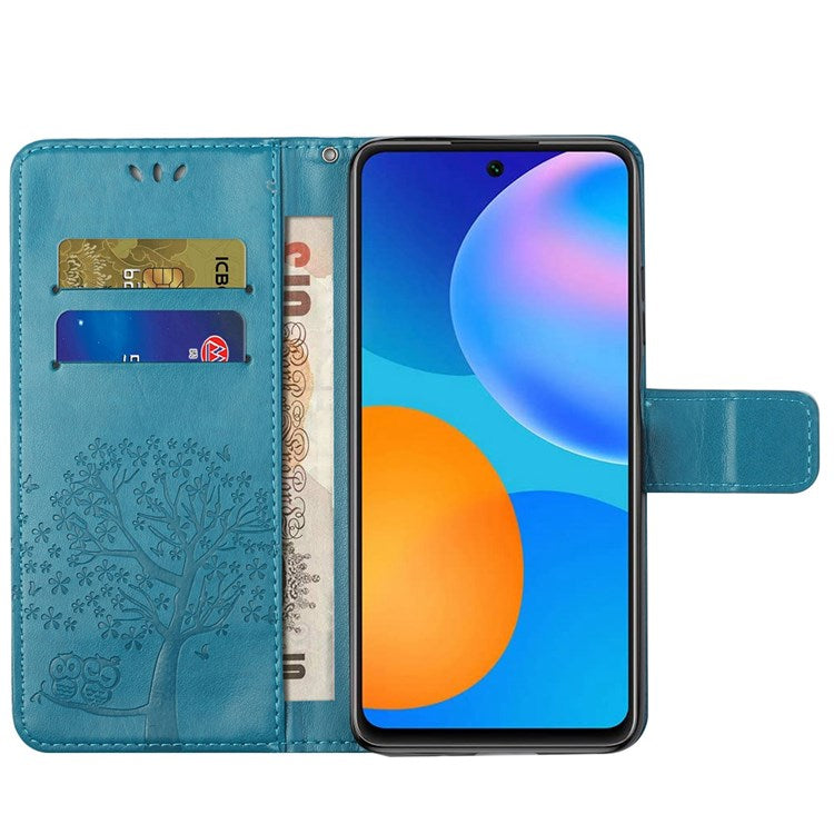 For Samsung Galaxy M23 5G/F23 5G3 PU Leather Imprinted Owl Tree Pattern Case Folding Stand Wallet Flip Cover with Strap - Blue