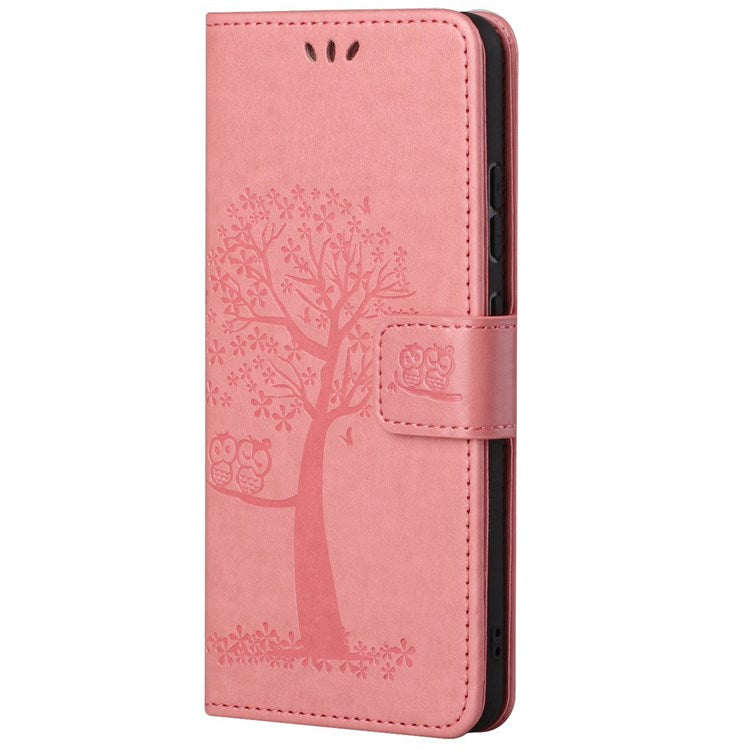 For Samsung Galaxy M23 5G/F23 5G PU Leather Imprinted Owl Tree Pattern Case Folding Stand Wallet Flip Cover with Strap - Pink