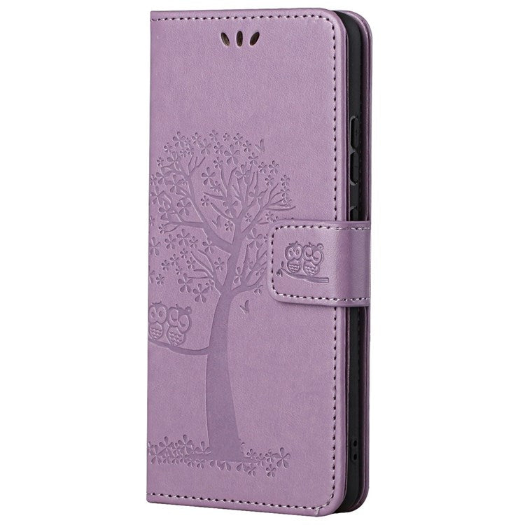 For Samsung Galaxy M23 5G/F23 5G PU Leather Imprinted Owl Tree Pattern Case Folding Stand Wallet Flip Cover with Strap - Purple