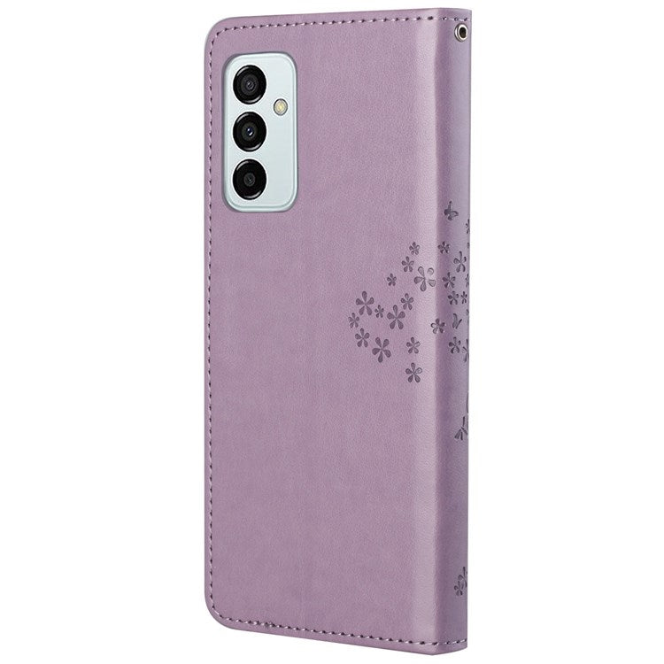 For Samsung Galaxy M23 5G/F23 5G PU Leather Imprinted Owl Tree Pattern Case Folding Stand Wallet Flip Cover with Strap - Purple