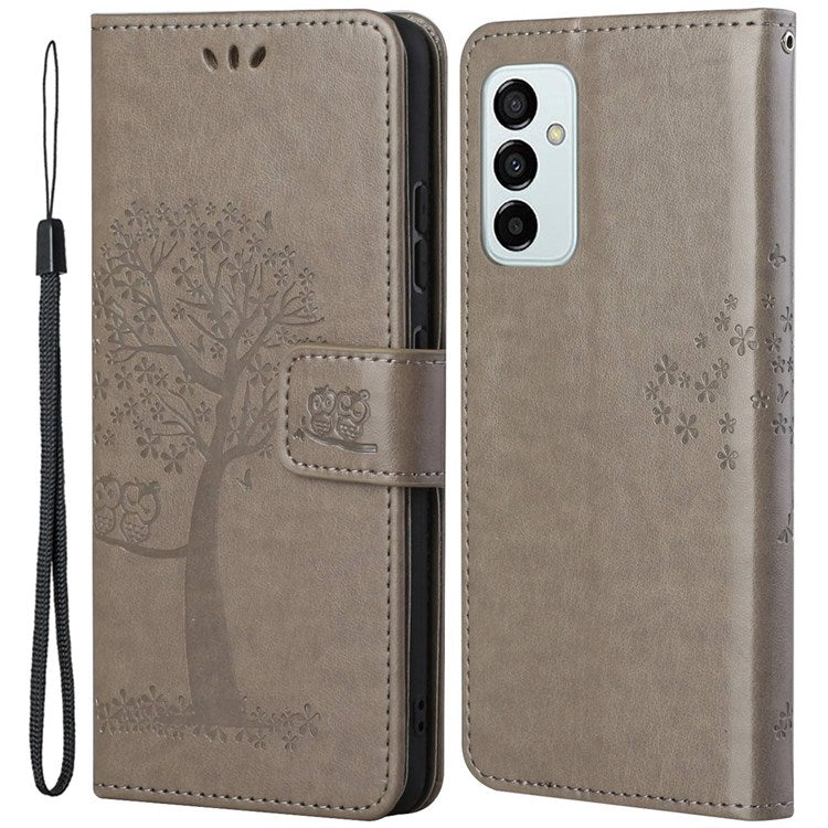 For Samsung Galaxy M23 5G/F23 5G PU Leather Imprinted Owl Tree Pattern Case Folding Stand Wallet Flip Cover with Strap - Grey