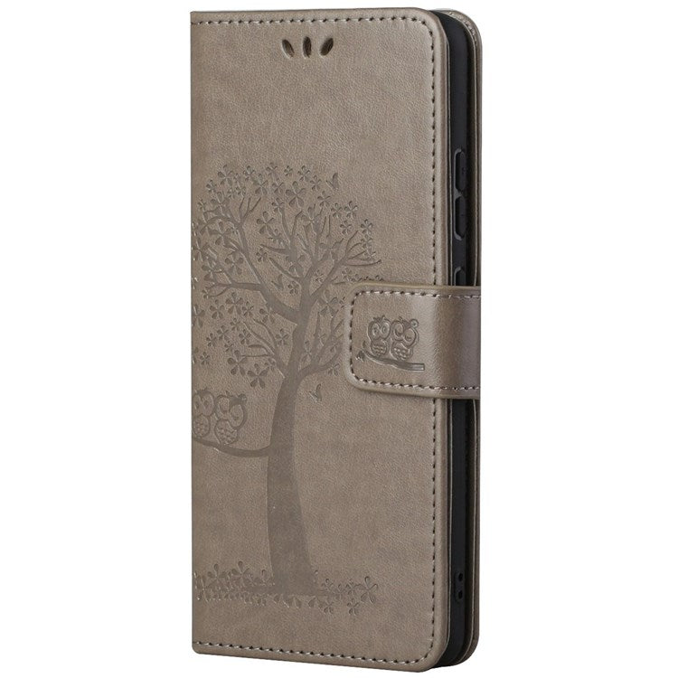 For Samsung Galaxy M23 5G/F23 5G PU Leather Imprinted Owl Tree Pattern Case Folding Stand Wallet Flip Cover with Strap - Grey