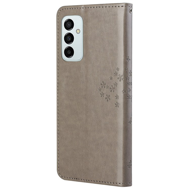 For Samsung Galaxy M23 5G/F23 5G PU Leather Imprinted Owl Tree Pattern Case Folding Stand Wallet Flip Cover with Strap - Grey