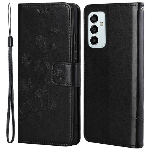 For Samsung Galaxy M23 5G/F23 5G Imprinted Butterfly Flower Pattern Leather Case Wallet Stand Cover with Strap - Black