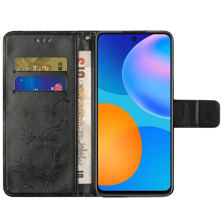 For Samsung Galaxy M23 5G/F23 5G Imprinted Butterfly Flower Pattern Leather Case Wallet Stand Cover with Strap - Black