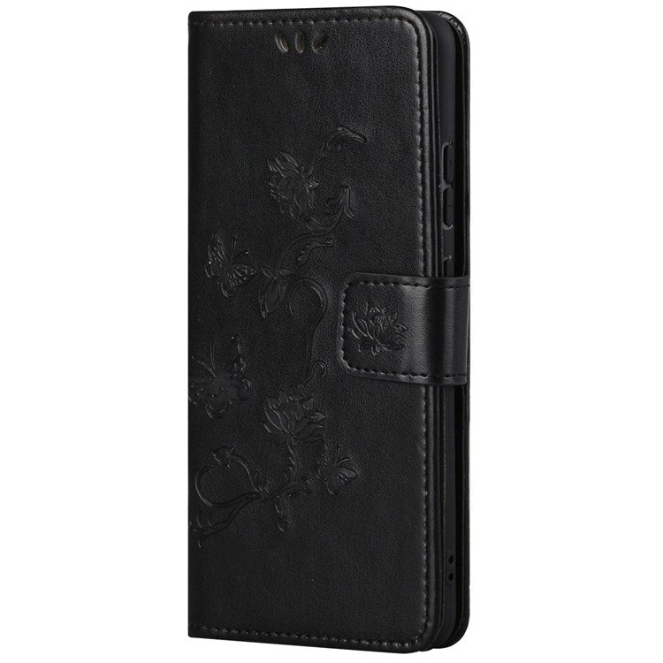 For Samsung Galaxy M23 5G/F23 5G Imprinted Butterfly Flower Pattern Leather Case Wallet Stand Cover with Strap - Black
