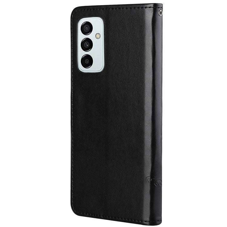 For Samsung Galaxy M23 5G/F23 5G Imprinted Butterfly Flower Pattern Leather Case Wallet Stand Cover with Strap - Black