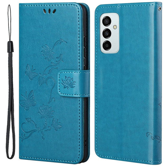 For Samsung Galaxy M23 5G/F23 5G Imprinted Butterfly Flower Pattern Leather Case Wallet Stand Cover with Strap - Blue