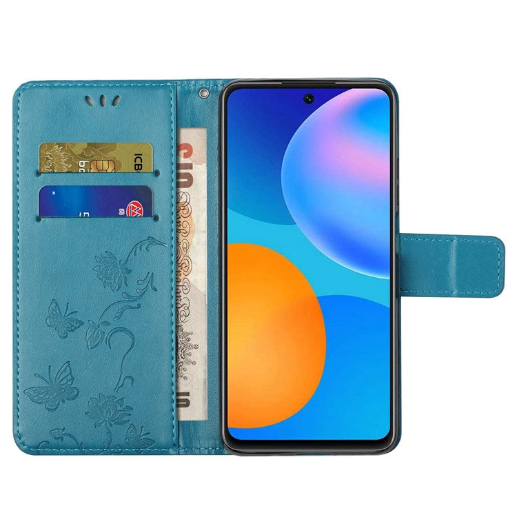 For Samsung Galaxy M23 5G/F23 5G Imprinted Butterfly Flower Pattern Leather Case Wallet Stand Cover with Strap - Blue