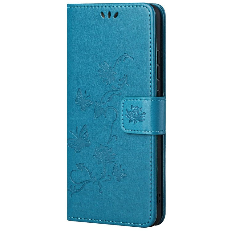 For Samsung Galaxy M23 5G/F23 5G Imprinted Butterfly Flower Pattern Leather Case Wallet Stand Cover with Strap - Blue