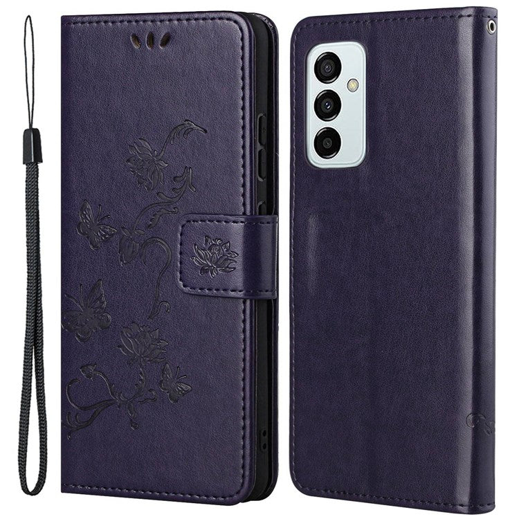 For Samsung Galaxy M23 5G/F23 5G Imprinted Butterfly Flower Pattern Leather Case Wallet Stand Cover with Strap - Dark Purple