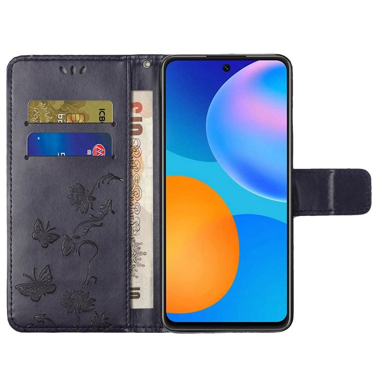 For Samsung Galaxy M23 5G/F23 5G Imprinted Butterfly Flower Pattern Leather Case Wallet Stand Cover with Strap - Dark Purple