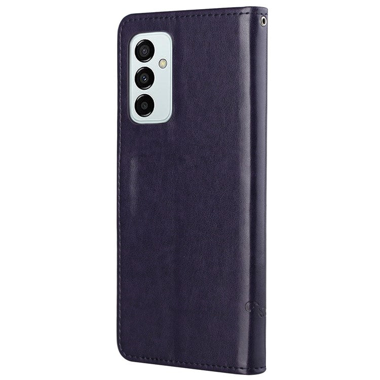 For Samsung Galaxy M23 5G/F23 5G Imprinted Butterfly Flower Pattern Leather Case Wallet Stand Cover with Strap - Dark Purple