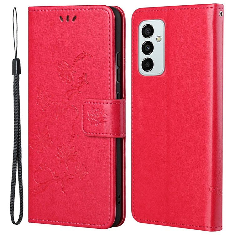 For Samsung Galaxy M23 5G/F23 5G Imprinted Butterfly Flower Pattern Leather Case Wallet Stand Cover with Strap - Red