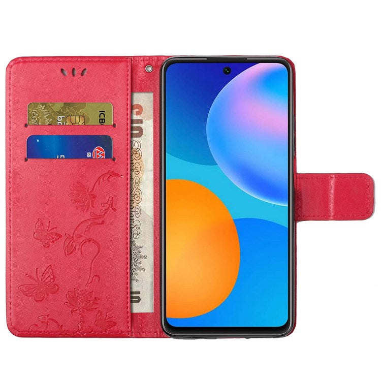 For Samsung Galaxy M23 5G/F23 5G Imprinted Butterfly Flower Pattern Leather Case Wallet Stand Cover with Strap - Red