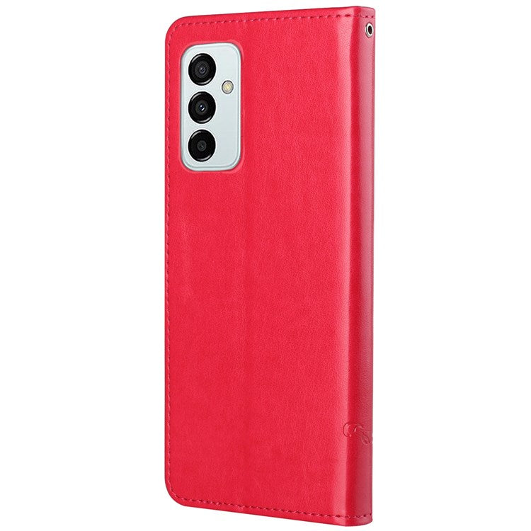 For Samsung Galaxy M23 5G/F23 5G Imprinted Butterfly Flower Pattern Leather Case Wallet Stand Cover with Strap - Red