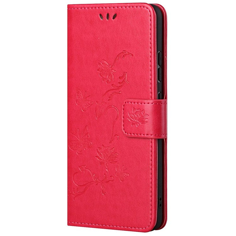 For Samsung Galaxy M23 5G/F23 5G Imprinted Butterfly Flower Pattern Leather Case Wallet Stand Cover with Strap - Red