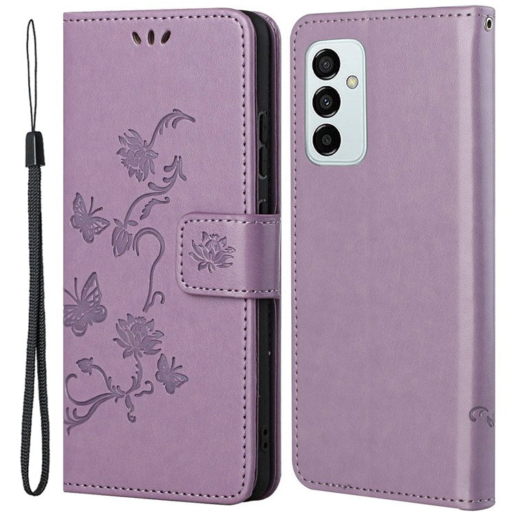 For Samsung Galaxy M23 5G/F23 5G Imprinted Butterfly Flower Pattern Leather Case Wallet Stand Cover with Strap - Purple