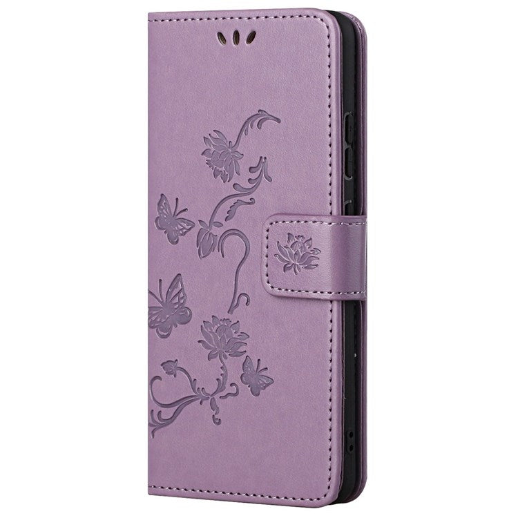 For Samsung Galaxy M23 5G/F23 5G Imprinted Butterfly Flower Pattern Leather Case Wallet Stand Cover with Strap - Purple