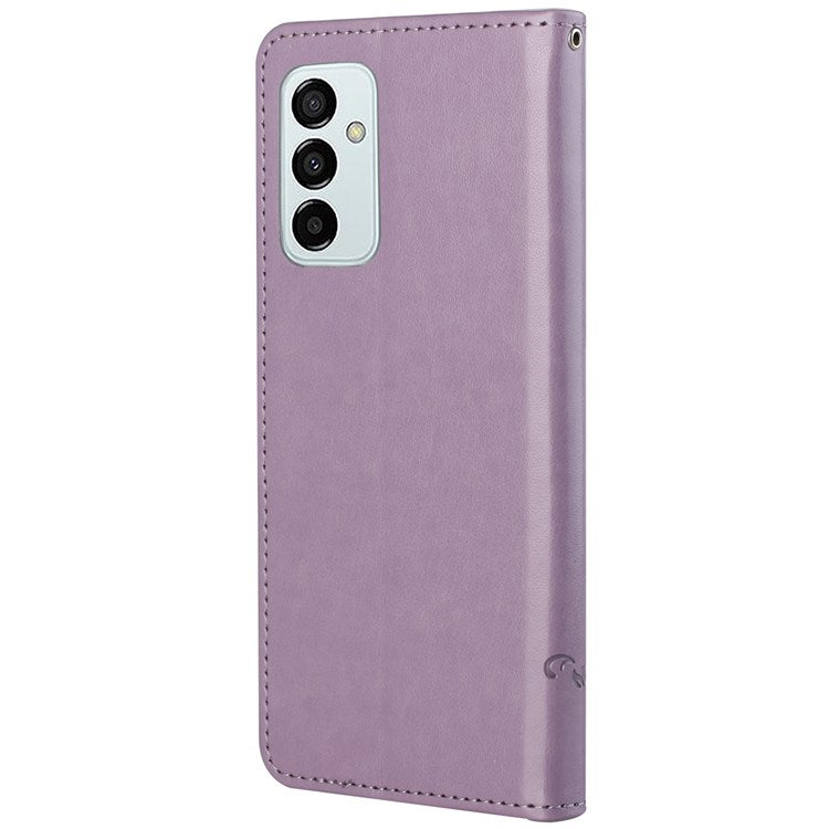 For Samsung Galaxy M23 5G/F23 5G Imprinted Butterfly Flower Pattern Leather Case Wallet Stand Cover with Strap - Purple