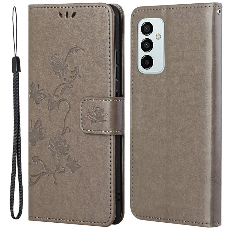 For Samsung Galaxy M23 5G/F23 5G Imprinted Butterfly Flower Pattern Leather Case Wallet Stand Cover with Strap - Grey