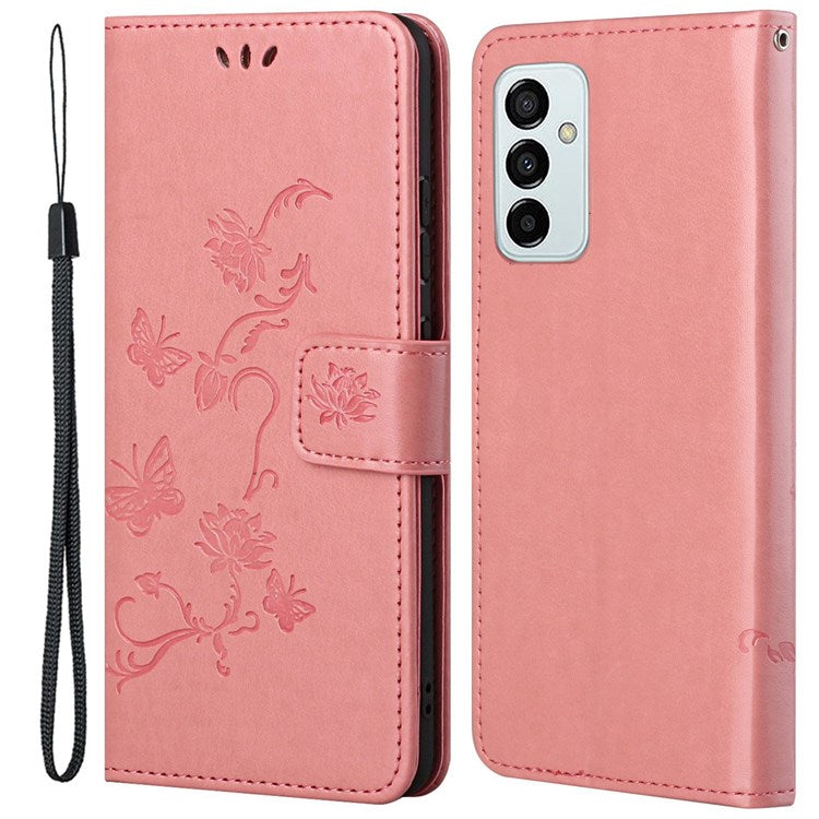 For Samsung Galaxy M23 5G/F23 5G Imprinted Butterfly Flower Pattern Leather Case Wallet Stand Cover with Strap - Pink