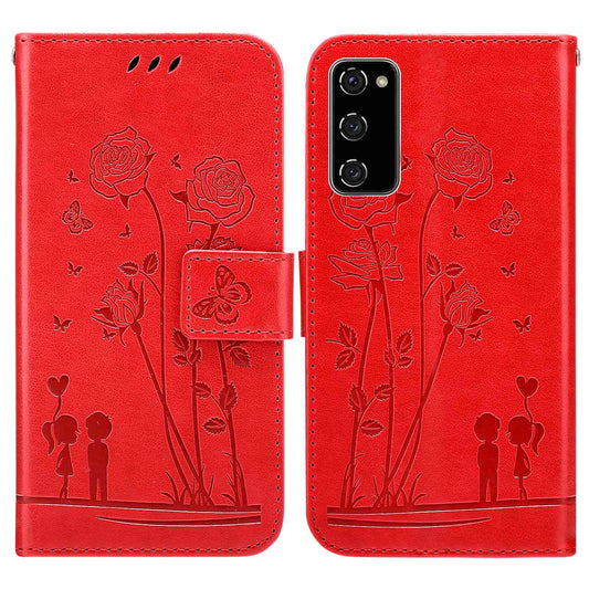 For Samsung Galaxy S20 FE 2022/S20 FE 4G/5G/S20 Lite Phone Cover Bag PU Leather Flowers Couples Imprinted Case Stand Wallet Shell - Red