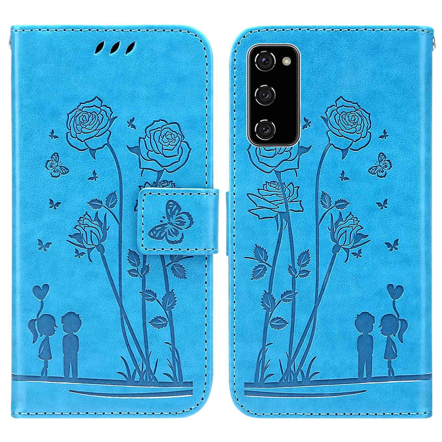 For Samsung Galaxy S20 FE 2022/S20 FE 4G/5G/S20 Lite Phone Cover Bag PU Leather Flowers Couples Imprinted Case Stand Wallet Shell - Blue