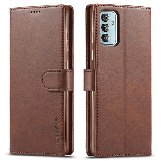 LC.IMEEKE For Samsung Galaxy M23 5G/F23 5G Textured PU Leather Magnetic Clasp Phone Case with Wallet Stand - Brown