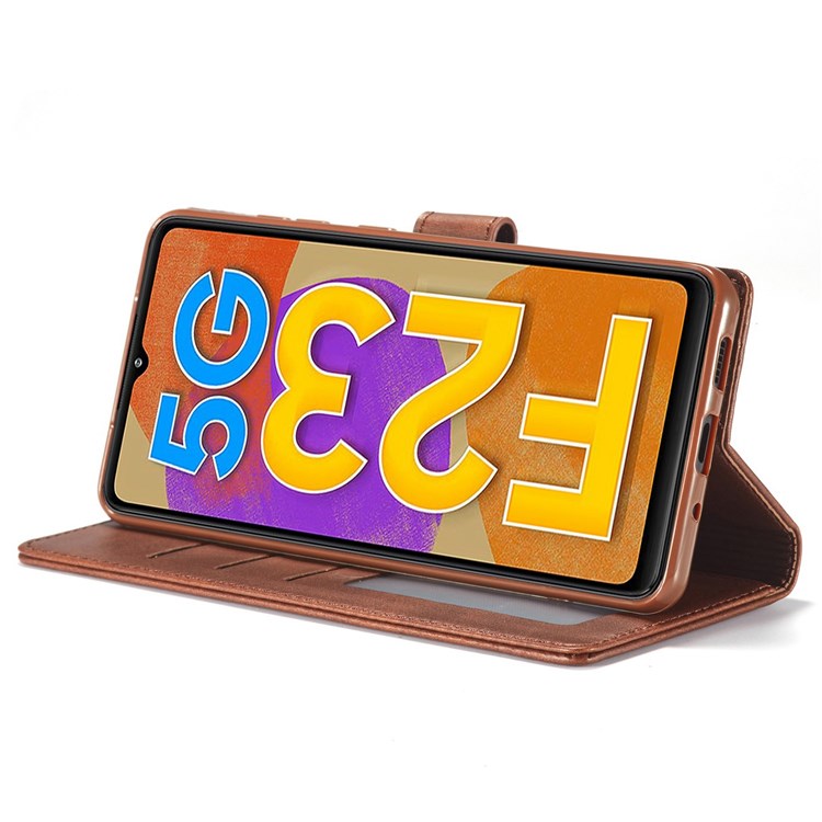 LC.IMEEKE For Samsung Galaxy M23 5G/F23 5G Textured PU Leather Magnetic Clasp Phone Case with Wallet Stand - Brown
