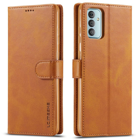 LC.IMEEKE For Samsung Galaxy M23 5G/F23 5G Textured PU Leather Magnetic Clasp Phone Case with Wallet Stand - Light Brown
