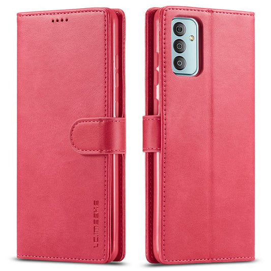 LC.IMEEKE For Samsung Galaxy M23 5G/F23 5G Textured PU Leather Magnetic Clasp Phone Case with Wallet Stand - Red