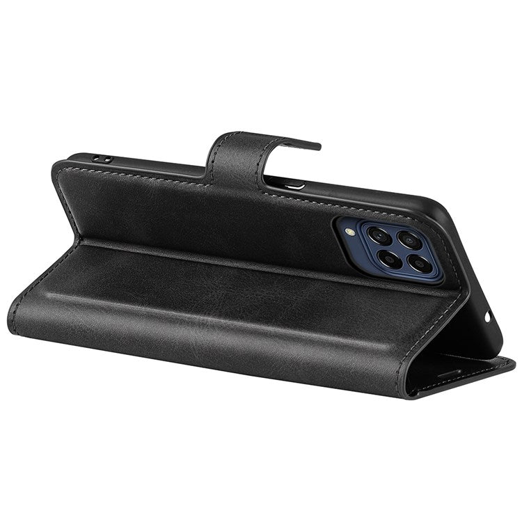 For Samsung Galaxy M33 5G (Global Version) Magnetic Clasp Textured PU Leather Stand Phone Case Wallet Folio Flip Cover - Black