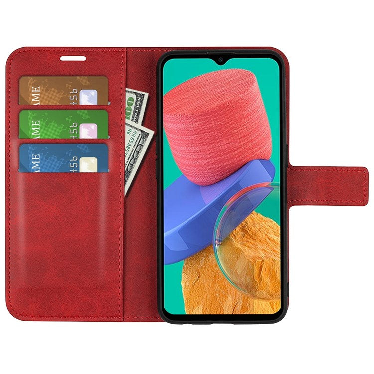 For Samsung Galaxy M33 5G (Global Version) Magnetic Clasp Textured PU Leather Stand Phone Case Wallet Folio Flip Cover - Red