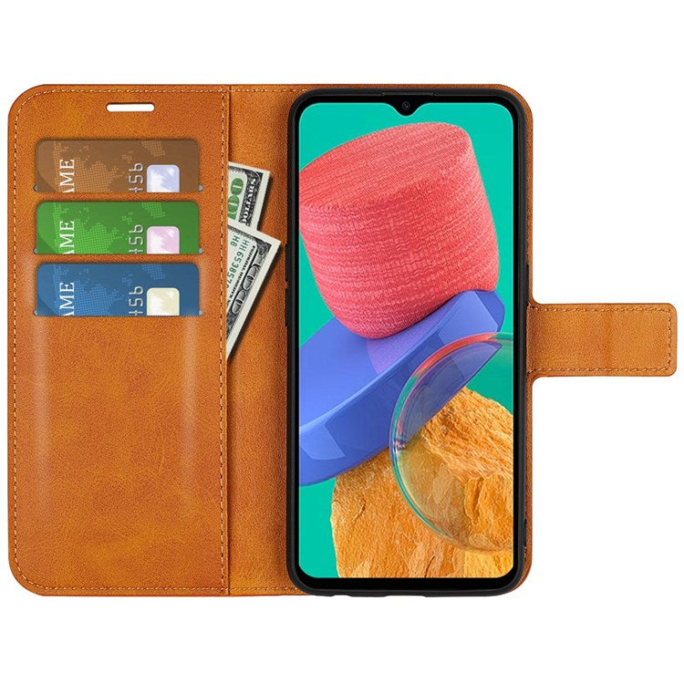 For Samsung Galaxy M33 5G (Global Version) Magnetic Clasp Textured PU Leather Stand Phone Case Wallet Folio Flip Cover - Yellow