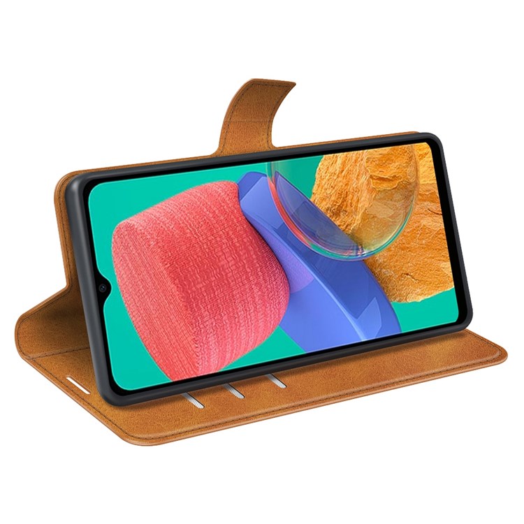For Samsung Galaxy M33 5G (Global Version) Magnetic Clasp Textured PU Leather Stand Phone Case Wallet Folio Flip Cover - Yellow