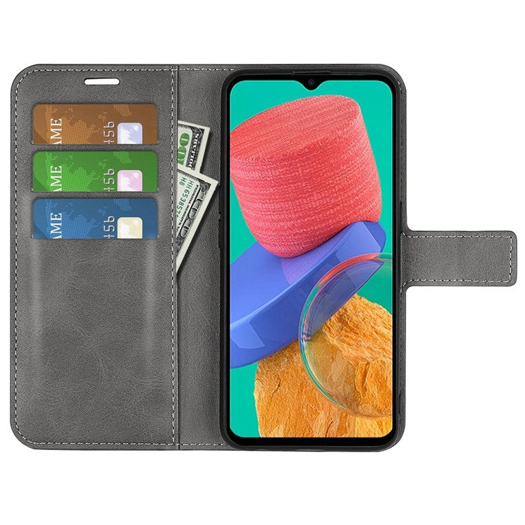 For Samsung Galaxy M33 5G (Global Version) Magnetic Clasp Textured PU Leather Stand Phone Case Wallet Folio Flip Cover - Grey