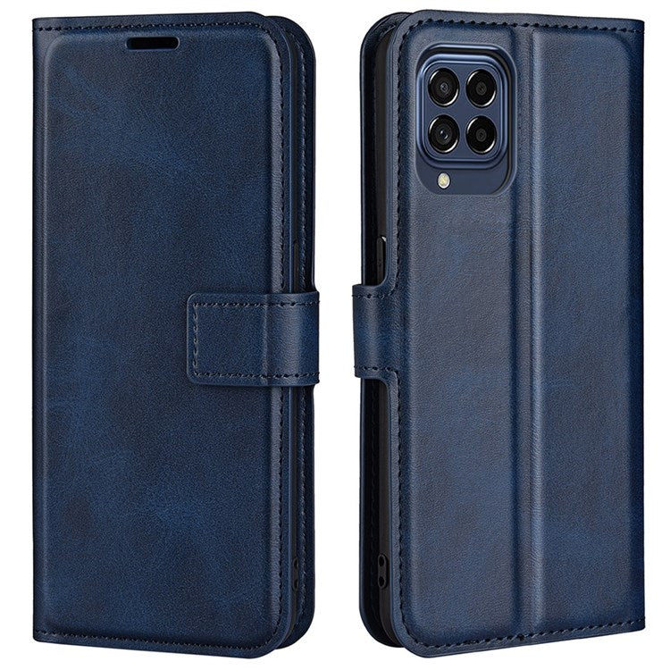 For Samsung Galaxy M33 5G (Global Version) Magnetic Clasp Textured PU Leather Stand Phone Case Wallet Folio Flip Cover - Blue