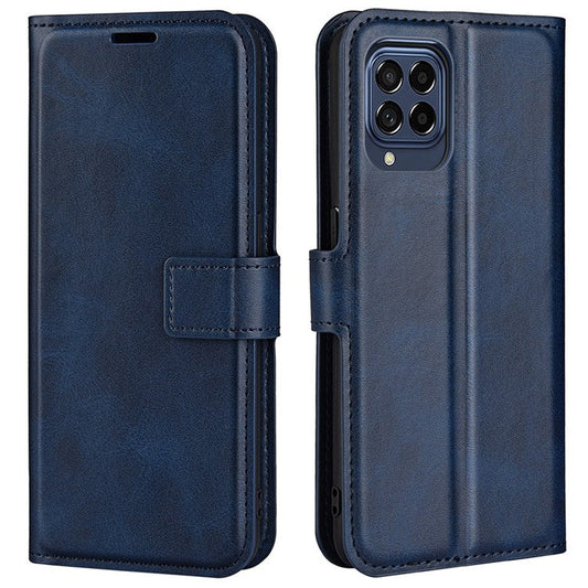 For Samsung Galaxy M33 5G (Global Version) Magnetic Clasp Textured PU Leather Stand Phone Case Wallet Folio Flip Cover - Blue