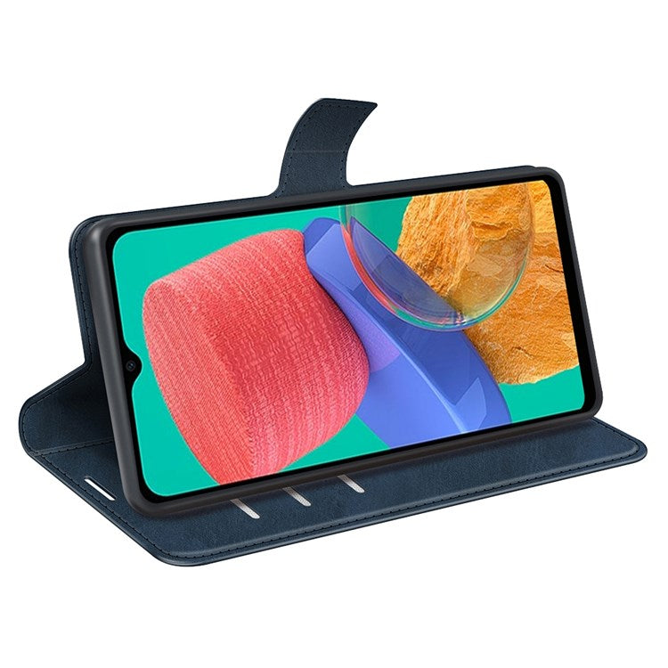 For Samsung Galaxy M33 5G (Global Version) Magnetic Clasp Textured PU Leather Stand Phone Case Wallet Folio Flip Cover - Blue