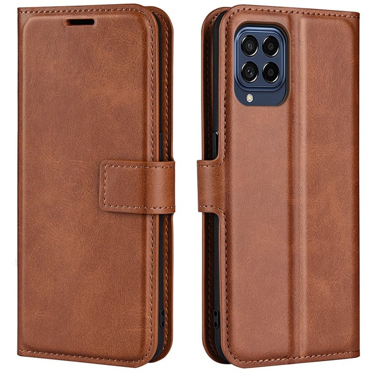 For Samsung Galaxy M33 5G (Global Version) Magnetic Clasp Textured PU Leather Stand Phone Case Wallet Folio Flip Cover - Light Brown