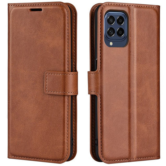 For Samsung Galaxy M33 5G (Global Version) Magnetic Clasp Textured PU Leather Stand Phone Case Wallet Folio Flip Cover - Light Brown