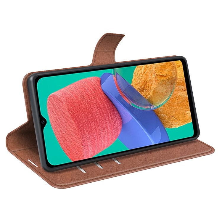 For Samsung Galaxy M33 5G (Global Version) Magnetic Clasp Textured PU Leather Stand Phone Case Wallet Folio Flip Cover - Light Brown