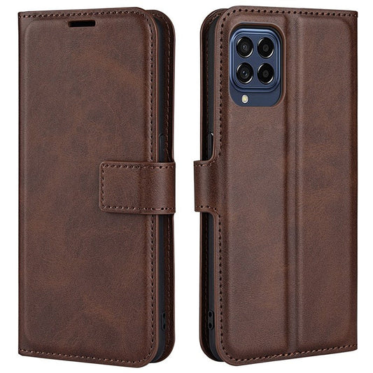 For Samsung Galaxy M33 5G (Global Version) Magnetic Clasp Textured PU Leather Stand Phone Case Wallet Folio Flip Cover - Brown