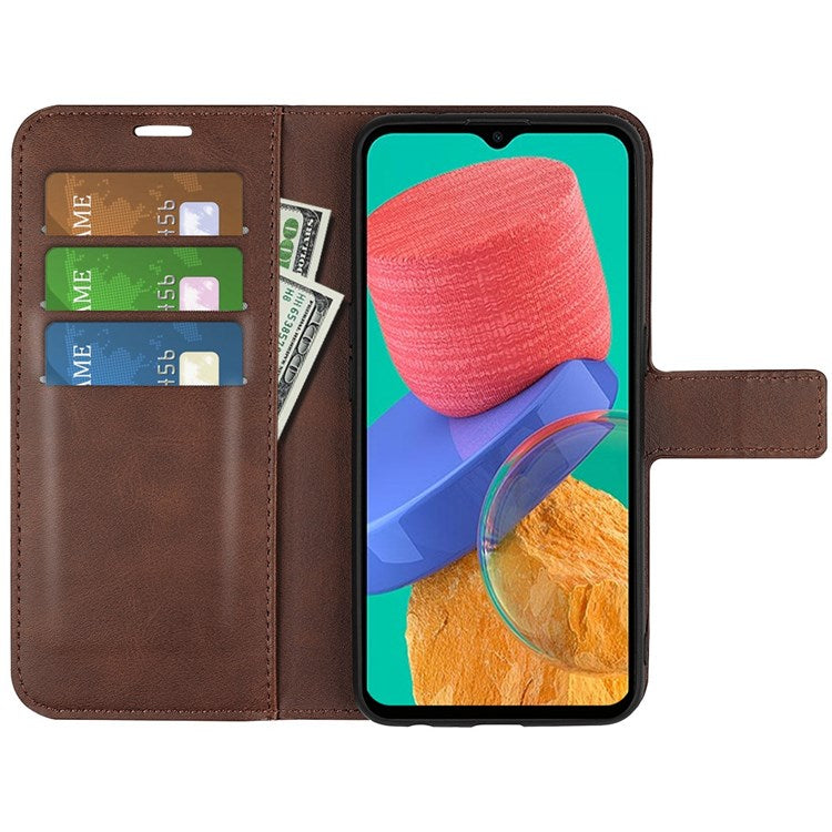 For Samsung Galaxy M33 5G (Global Version) Magnetic Clasp Textured PU Leather Stand Phone Case Wallet Folio Flip Cover - Brown