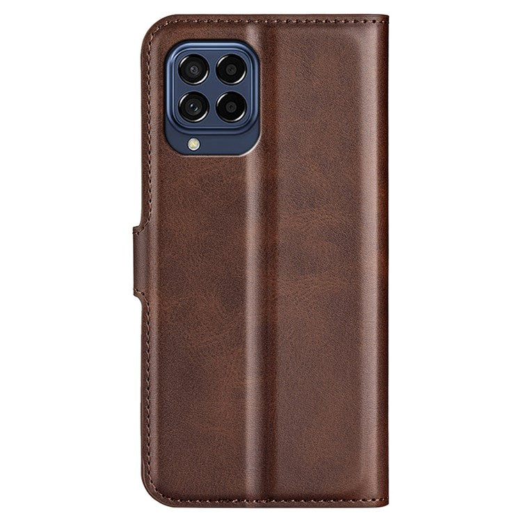 For Samsung Galaxy M33 5G (Global Version) Magnetic Clasp Textured PU Leather Stand Phone Case Wallet Folio Flip Cover - Brown
