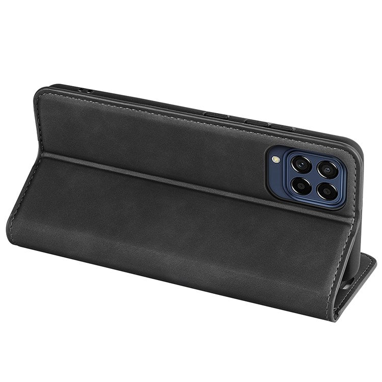 For Samsung Galaxy M33 5G (Global Version) Skin-touch Feeling PU Leather Auto Closure Magnetic Phone Case with Wallet Stand - Black