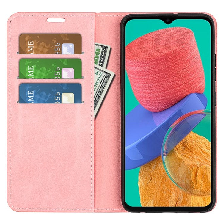 For Samsung Galaxy M33 5G (Global Version) Skin-touch Feeling PU Leather Auto Closure Magnetic Phone Case with Wallet Stand - Pink